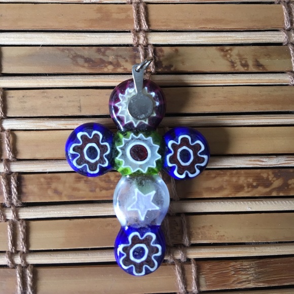 Millefiori Floral Flower Star Art Glass Cross Pendant Necklace Christian Faith + - Picture 7 of 8
